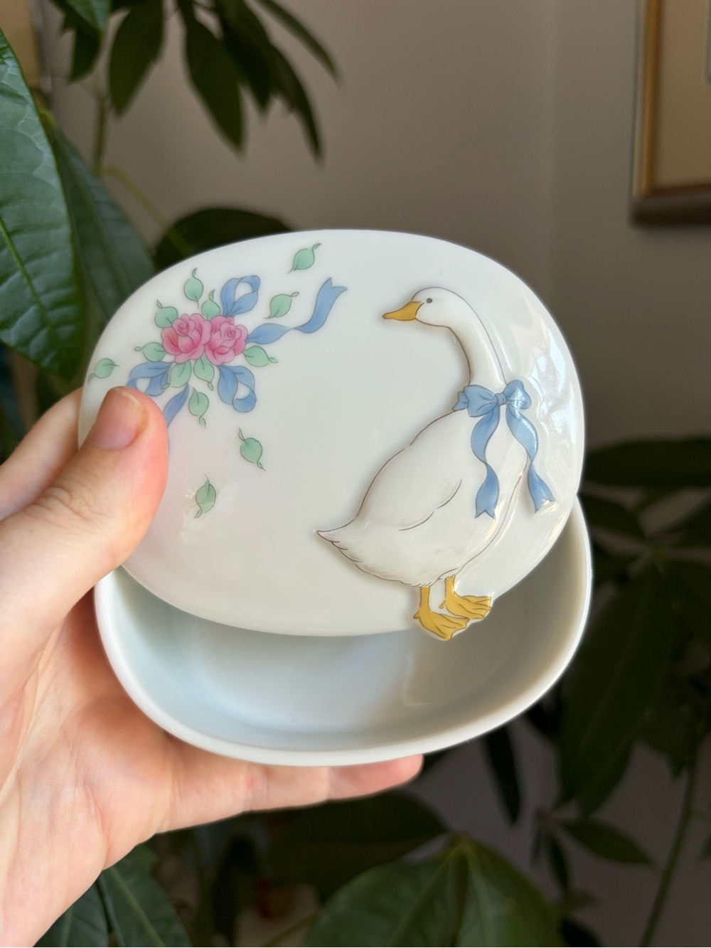 Vintage Ceramic Lidded Trinket Dish with Floral Goose Design